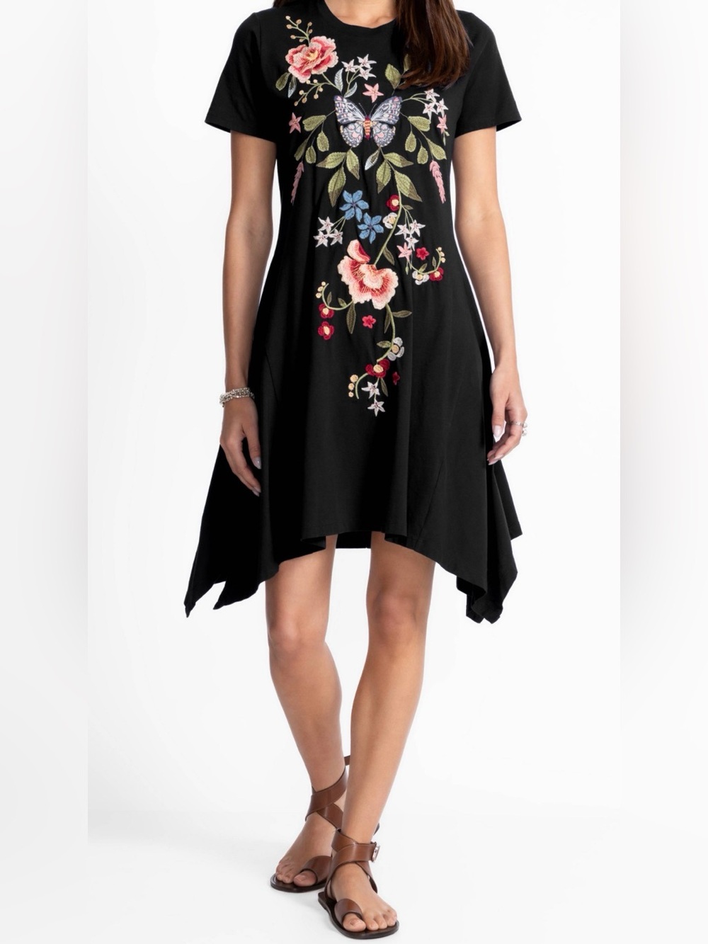 Johnny Was Black Floral Embroidered Handkerchief Knit Dress, L